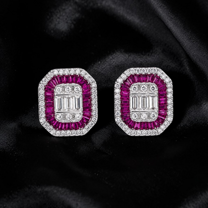 krivoya 92.5 sterling silver stud earrings featuring baguette and round cut ruby and clear stones on black silk